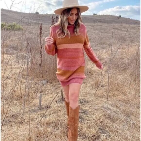 L*Space Jetsetter Serape Stripe Chunky Knit Turtleneck Sweater Dress Sz S - Picture 1 of 7